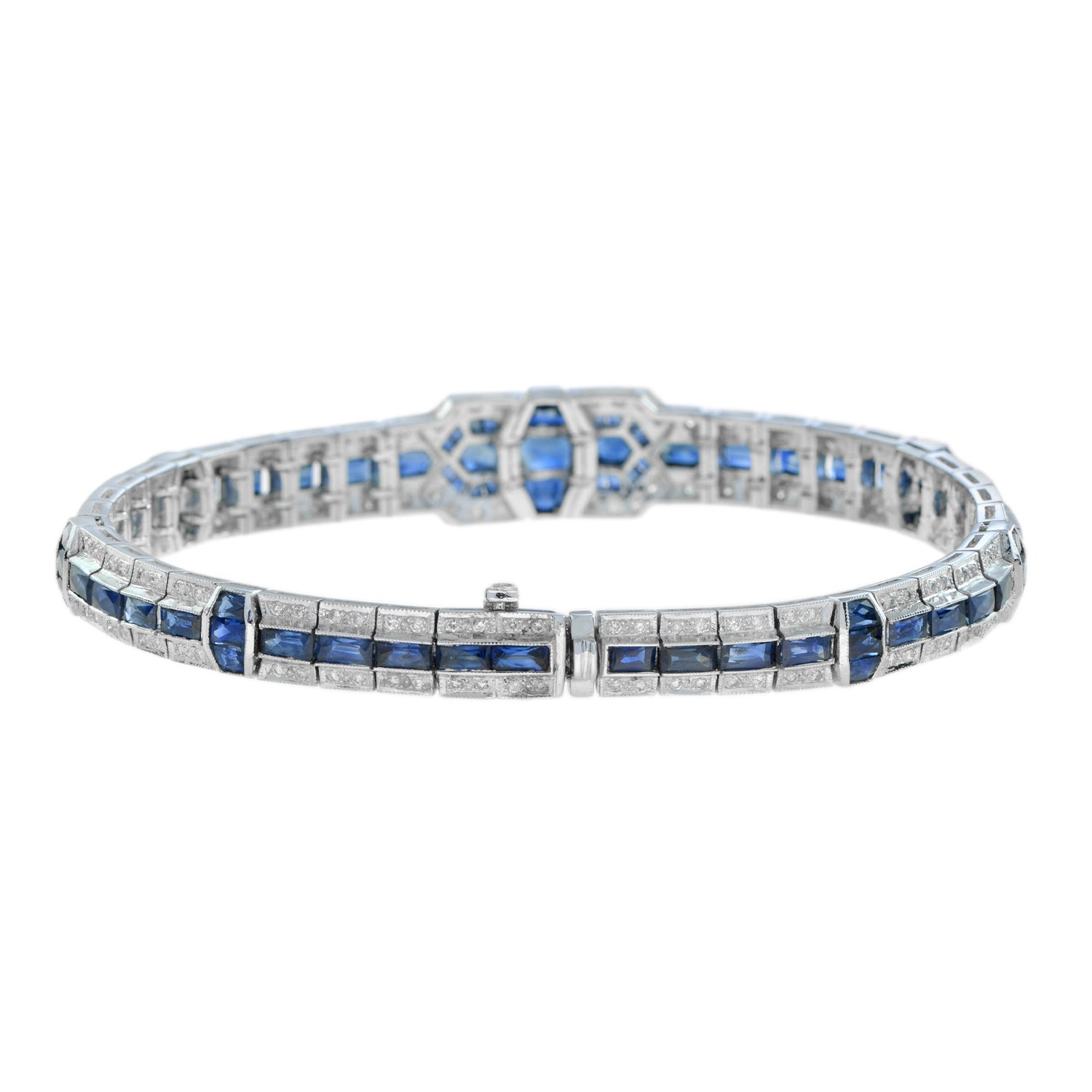 Art Deco Style Blue Sapphire &amp;  Diamond Tennis Unique 18K White Gold Bracelet