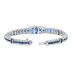 Art Deco Style Blue Sapphire &  Diamond Tennis Unique 18K White Gold Bracelet