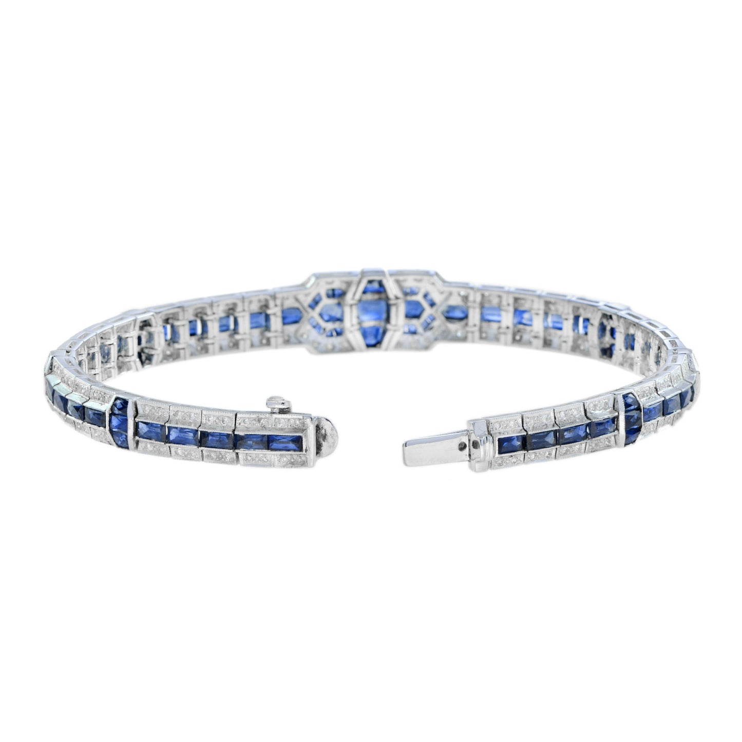 art deco style blue sapphire &  diamond tennis unique 18k white gold bracelet