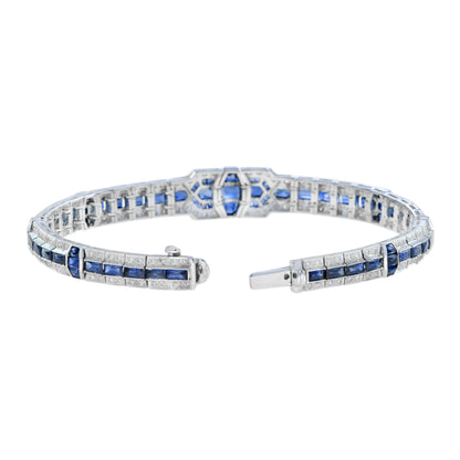 Art Deco Style Blue Sapphire &  Diamond Tennis Unique 18K White Gold Bracelet