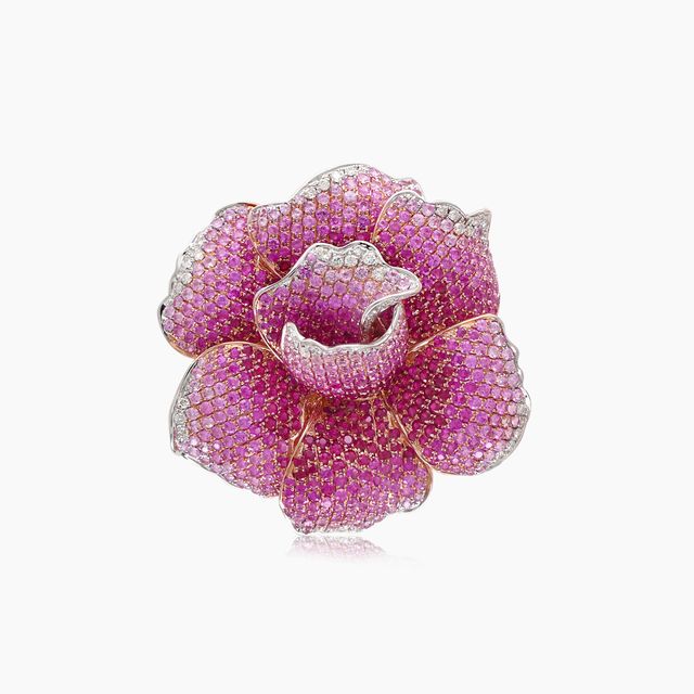 Pink Sapphire Ruby & Diamond Lilly Flower 18K Rose Gold Floral Design Ring