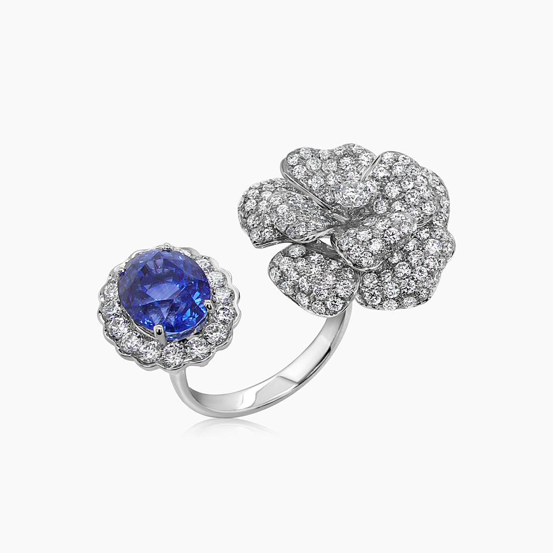 Oval Shape Blue Sapphire & White Diamond Pave Floral Flower 18K White Gold Ring