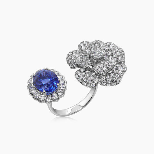 Oval Shape Blue Sapphire & White Diamond Pave Floral Flower 18K White Gold Ring
