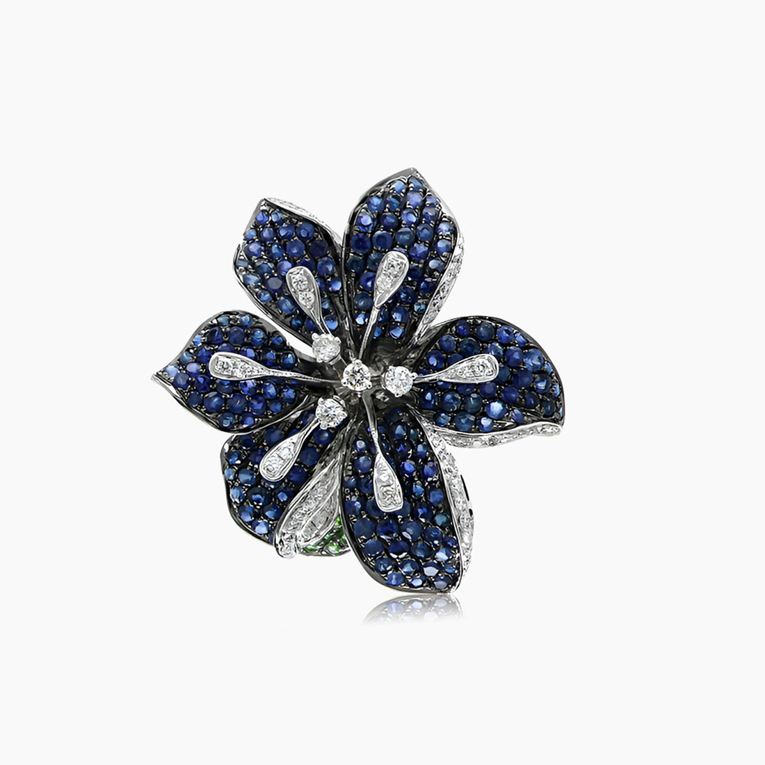 Blue Sapphire & White Diamond & Lilly Flower Floral 18K White Gold Ring