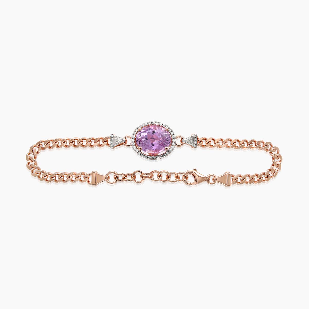 pink kunzite & white diamond 18k rose gold charm oval shape bracelet