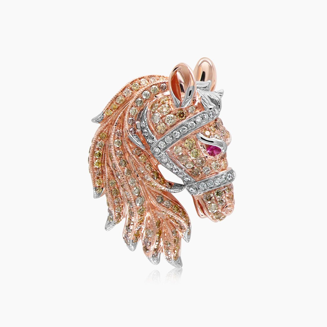 Horse Stallion Pony Diamond Pave & Ruby 18K Rose & White Gold Ring