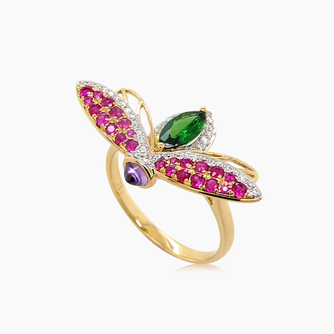 Red Ruby & Green Garnet & Diamond Pave Purple Sapphire 18K Gold Fly Ring