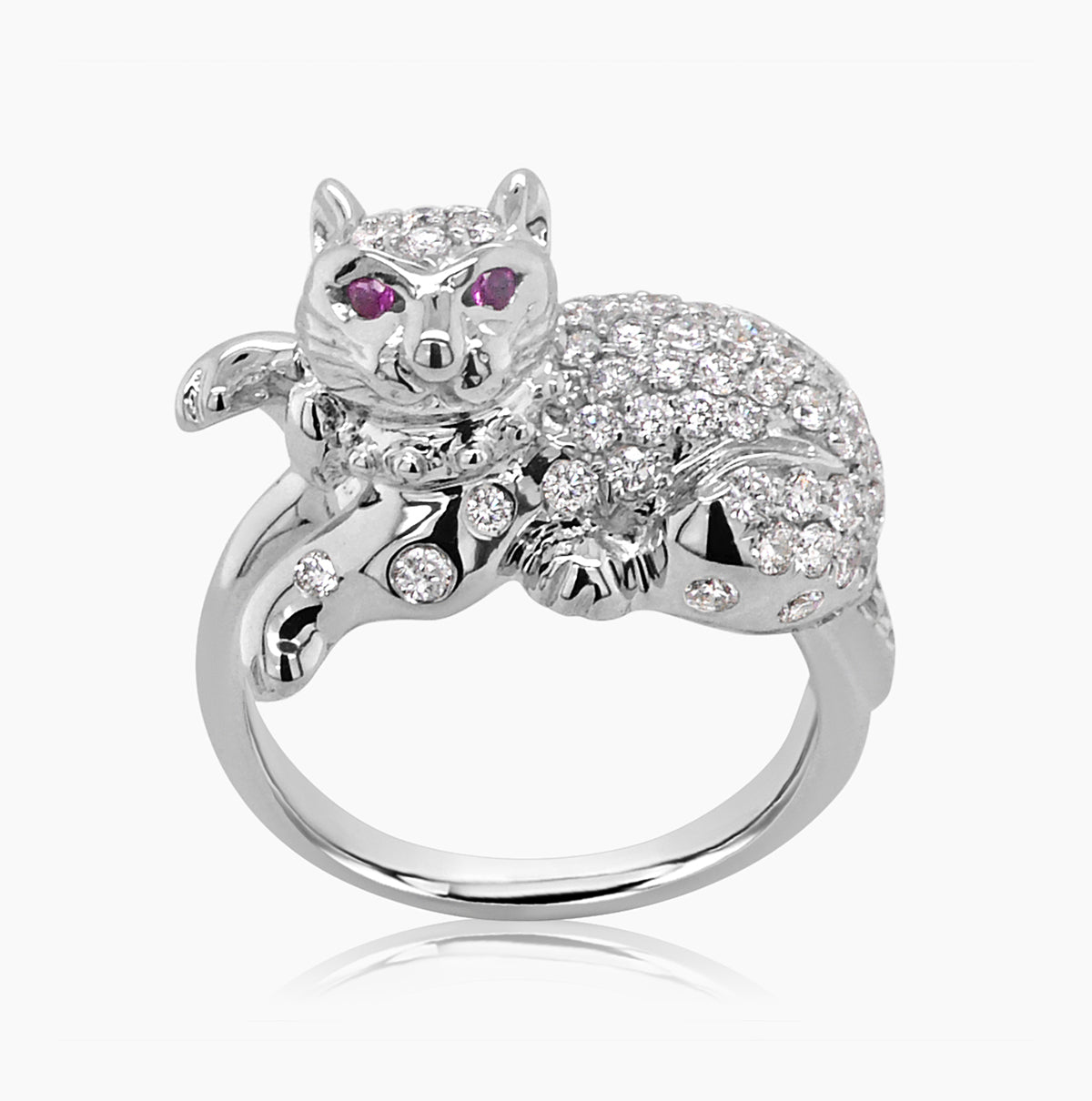 Diamond Pave &amp; Ruby Eyes Cat Kitten 18K White Gold Statement Animal Ring