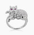 Diamond Pave & Ruby Eyes Cat Kitten 18K White Gold Statement Animal Ring