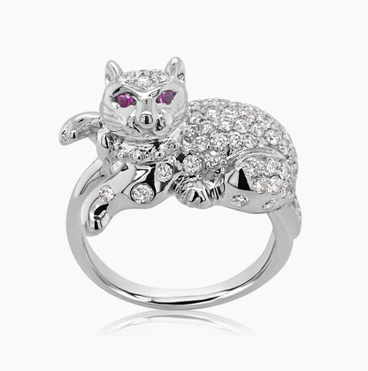 Diamond Pave &amp; Ruby Eyes Cat Kitten 18K White Gold Statement Animal Ring