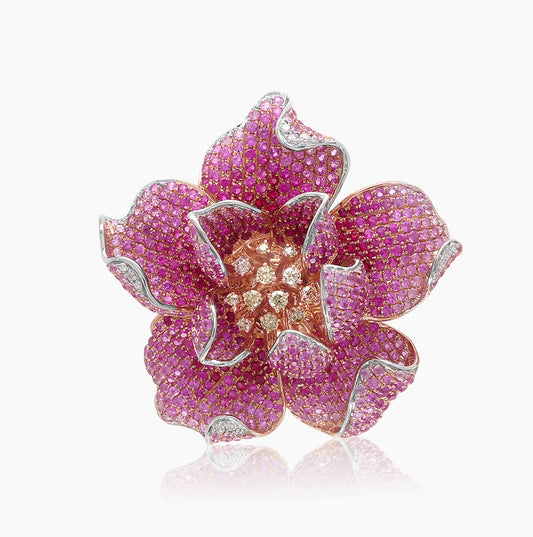 Ruby & Pink Sapphire & Diamond Pave Set 18K Rose Gold Lilly Flower Ring