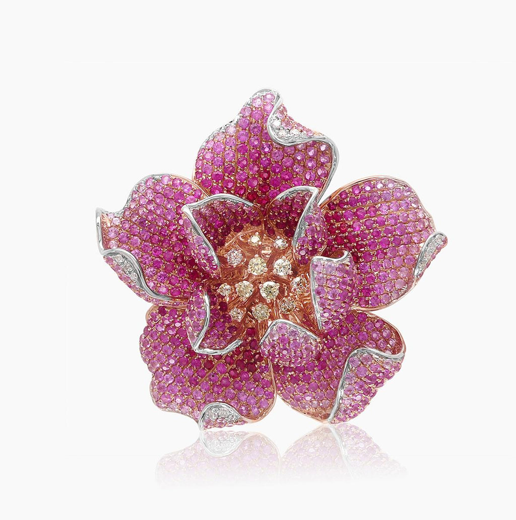 Ruby & Pink Sapphire & Diamond Pave Set 18K Rose Gold Lilly Flower Ring