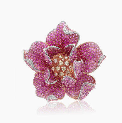 Ruby & Pink Sapphire & Diamond Pave Set 18K Rose Gold Lilly Flower Ring