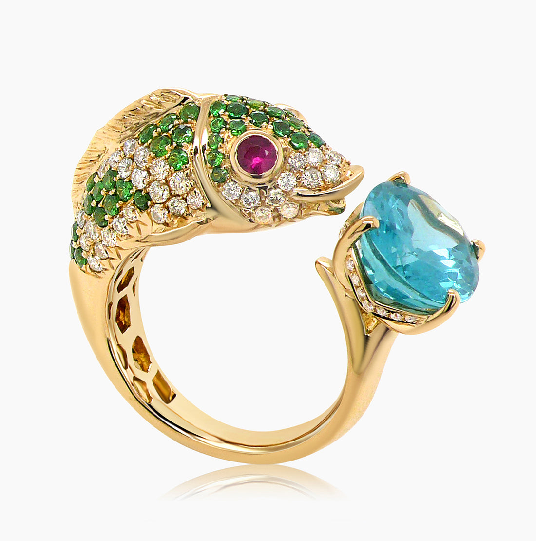 Koi Fish Blue Apatite & Ruby & Fancy Diamond & Green Garnet 18K Yellow Gold Ring