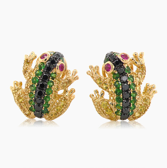 Black Diamonds & Green Garnet & Yellow Sapphire Yellow Gold Frog Animal Earrings
