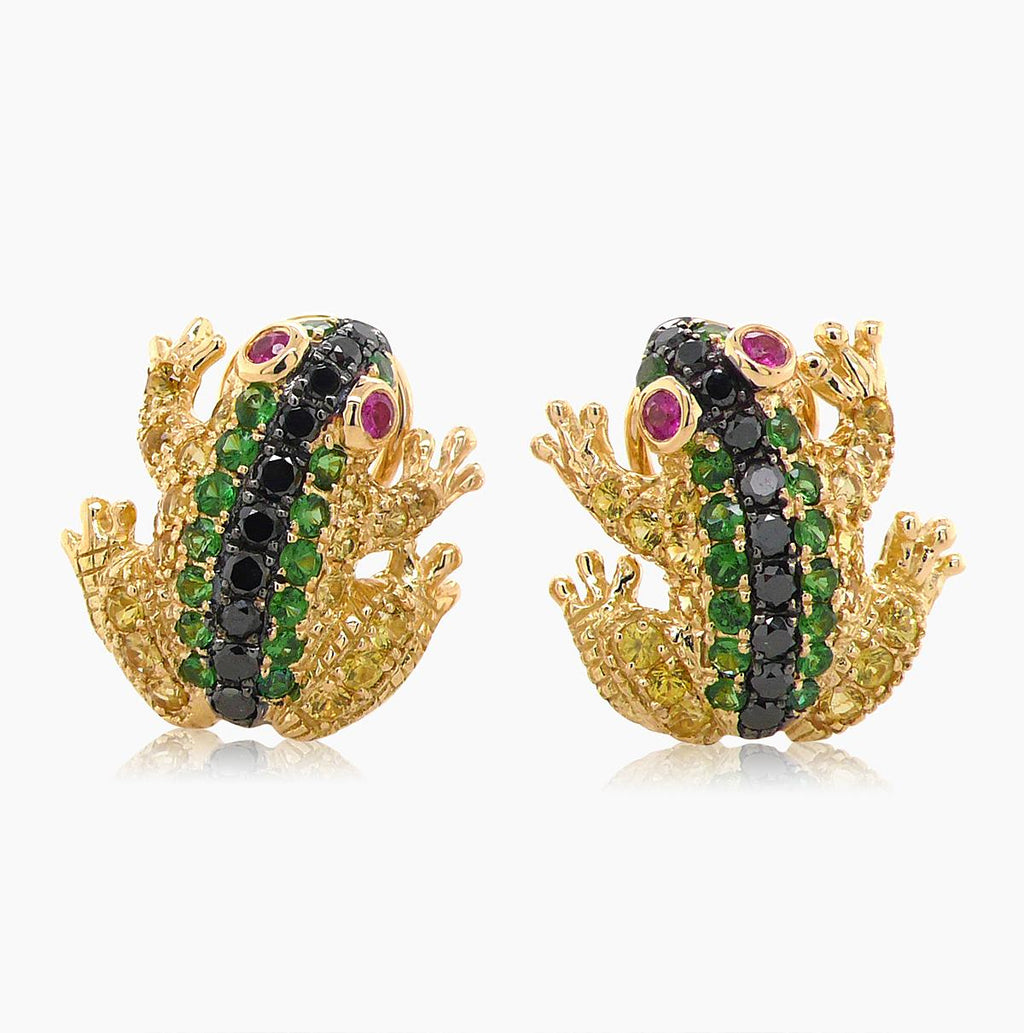 Black Diamonds & Green Garnet & Yellow Sapphire Yellow Gold Frog Animal Earrings