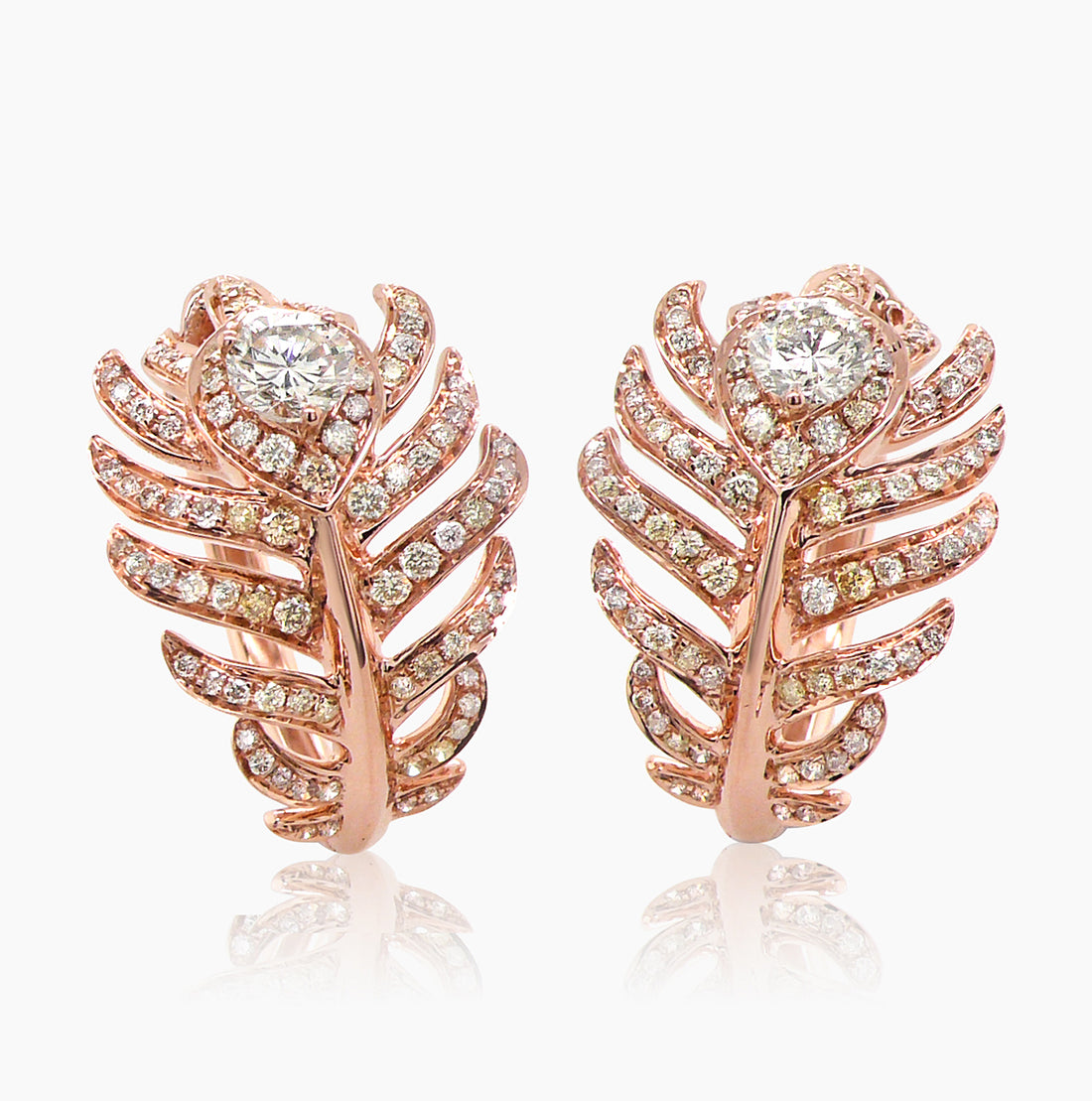 Fancy Diamond 18K Rose Gold Feather Bird Fantasy Earrings