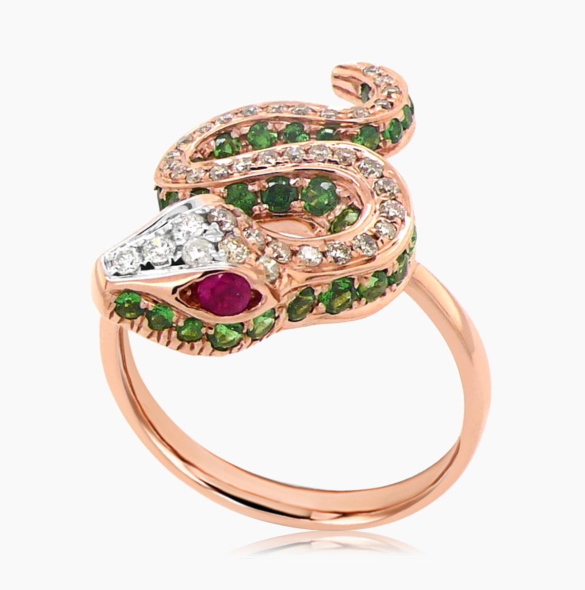 green garnet & brown diamond 18k rose gold snake ring