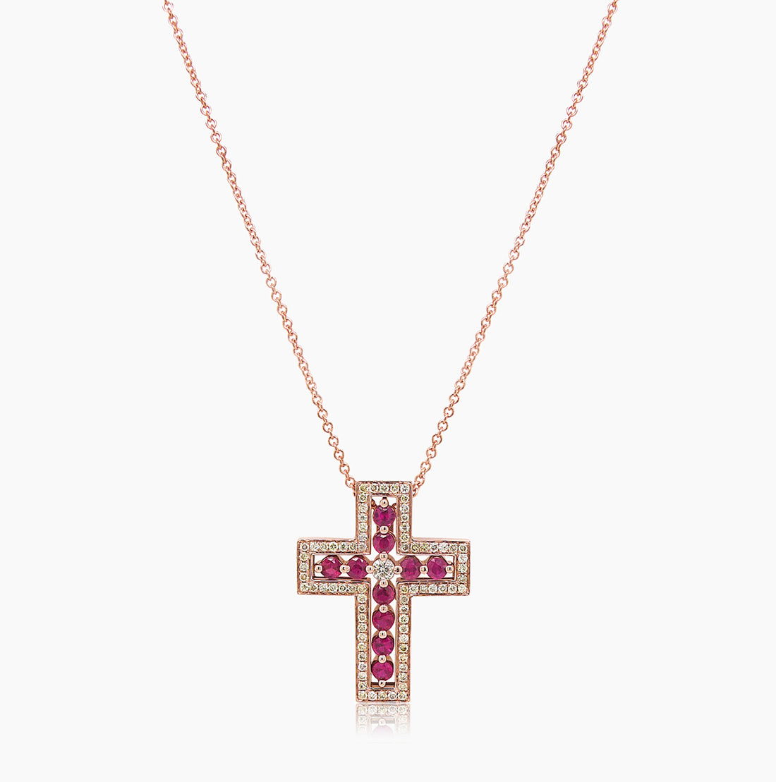 Fancy Diamond & Ruby 18K Rose Gold Cross Pendant Necklace