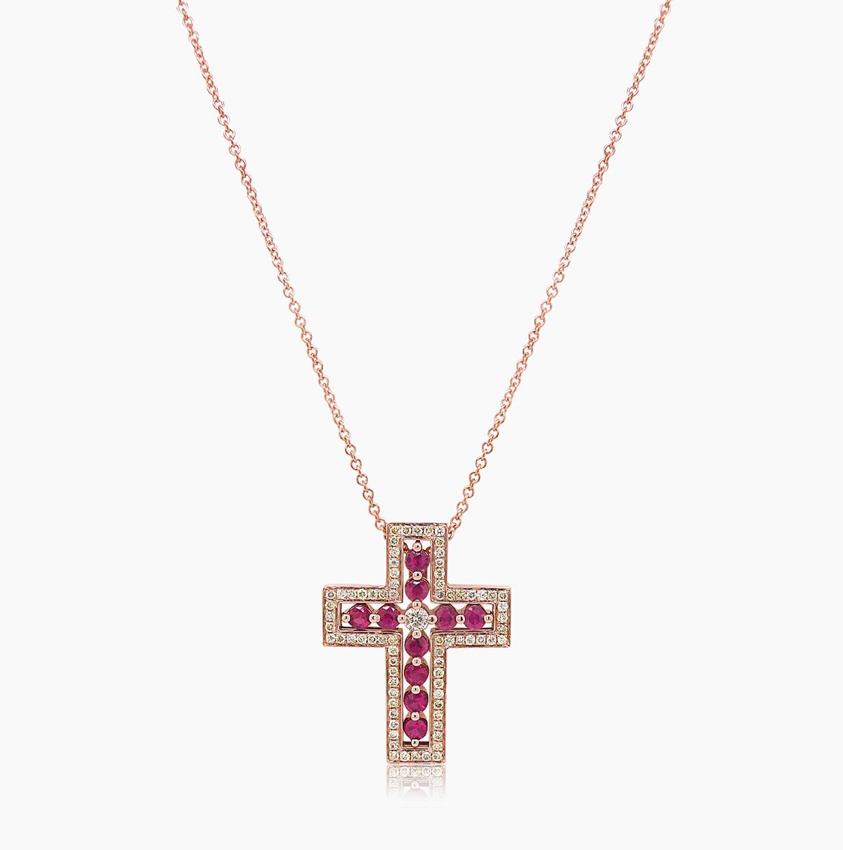 fancy diamond & ruby 18k rose gold cross pendant necklace