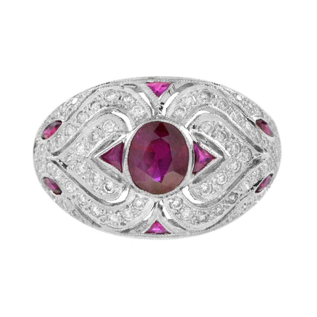 Art Deco Style Pink Red Ruby & Diamond 18K White Gold Dome Bombe Ring