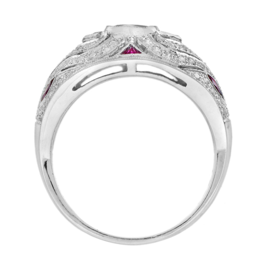 Art Deco Style Pink Red Ruby & Diamond 18K White Gold Dome Bombe Ring