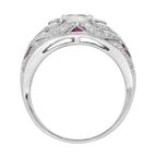 Art Deco Style Pink Red Ruby & Diamond 18K White Gold Dome Bombe Ring