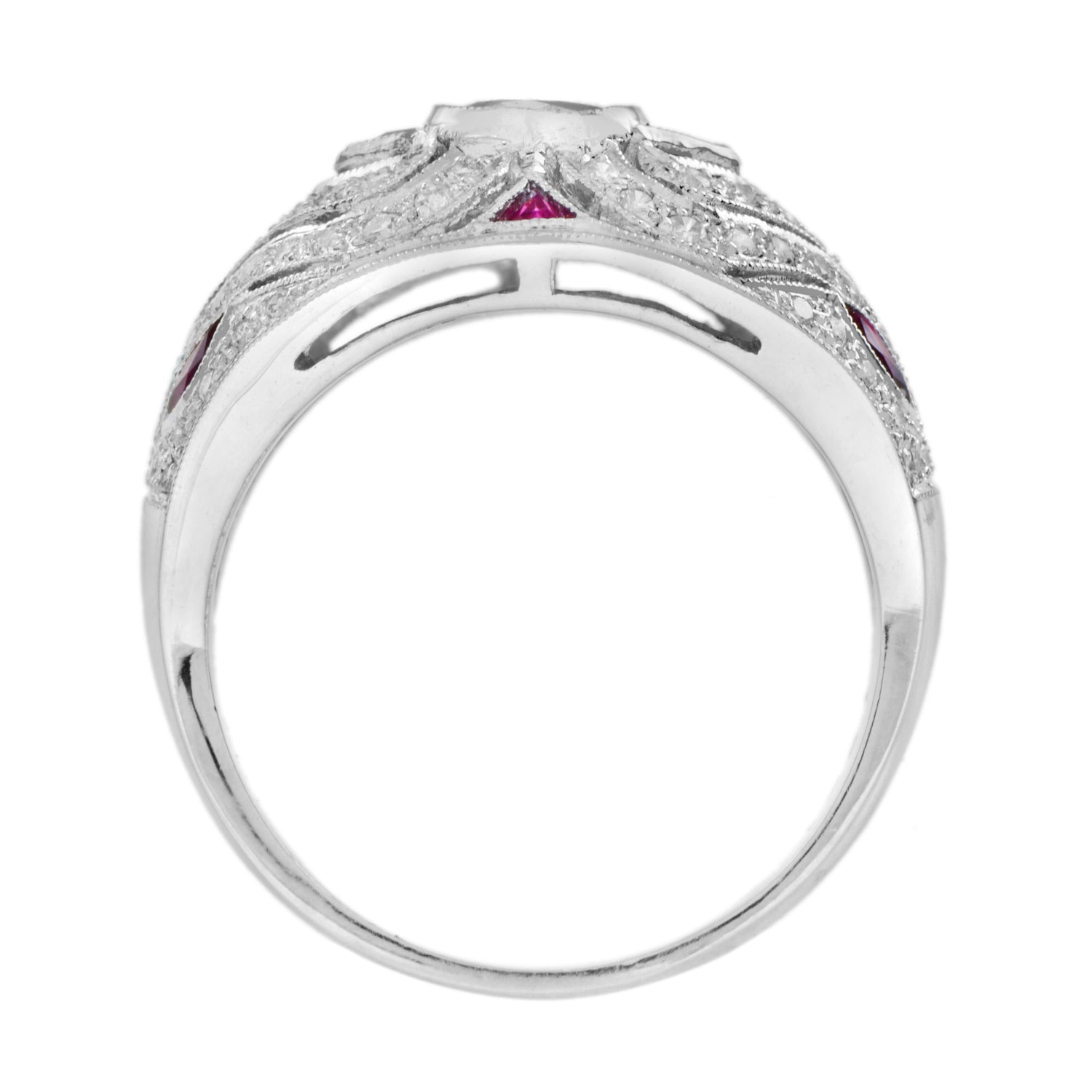 Art Deco Style Pink Red Ruby &amp; Diamond 18K White Gold Dome Bombe Ring