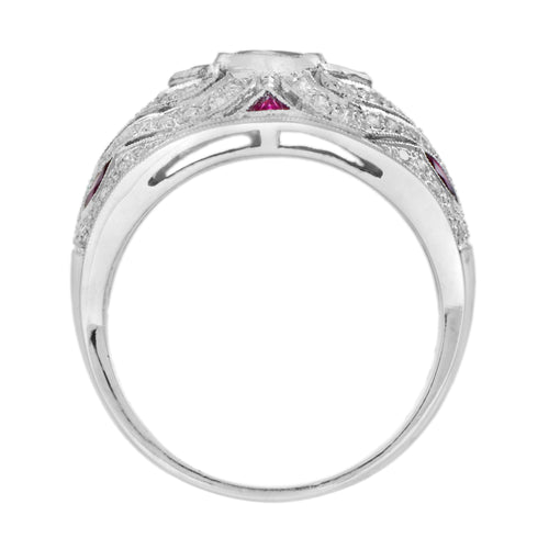 Art Deco Style Pink Red Ruby & Diamond 18K White Gold Dome Bombe Ring