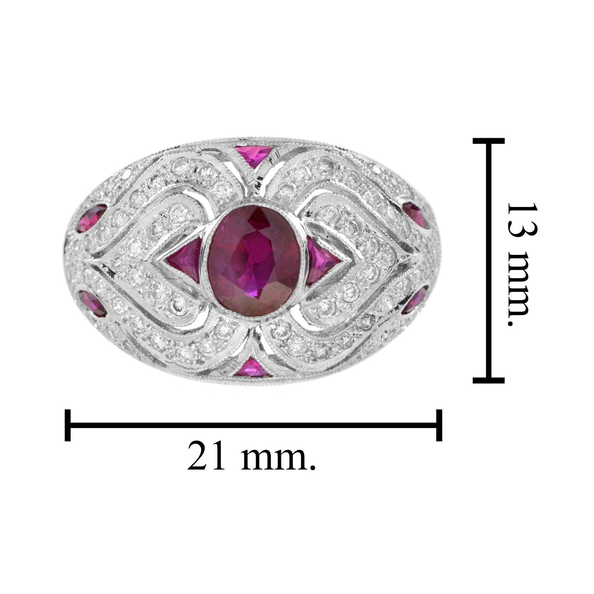Art Deco Style Pink Red Ruby & Diamond 18K White Gold Dome Bombe Ring