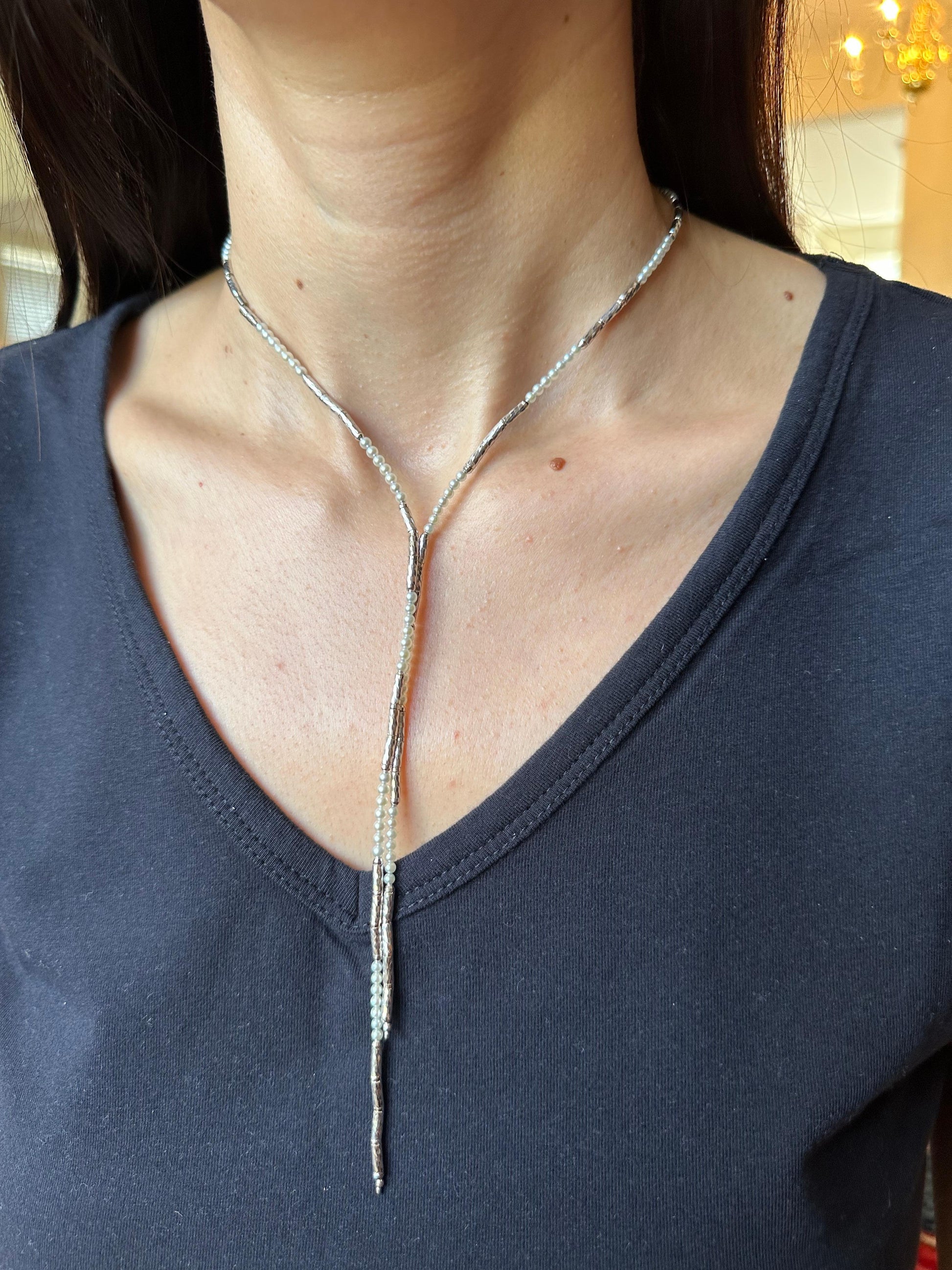 18K White Gold White Akoya Pearl Adjustable Magnetic Choker Necklace Bracelet