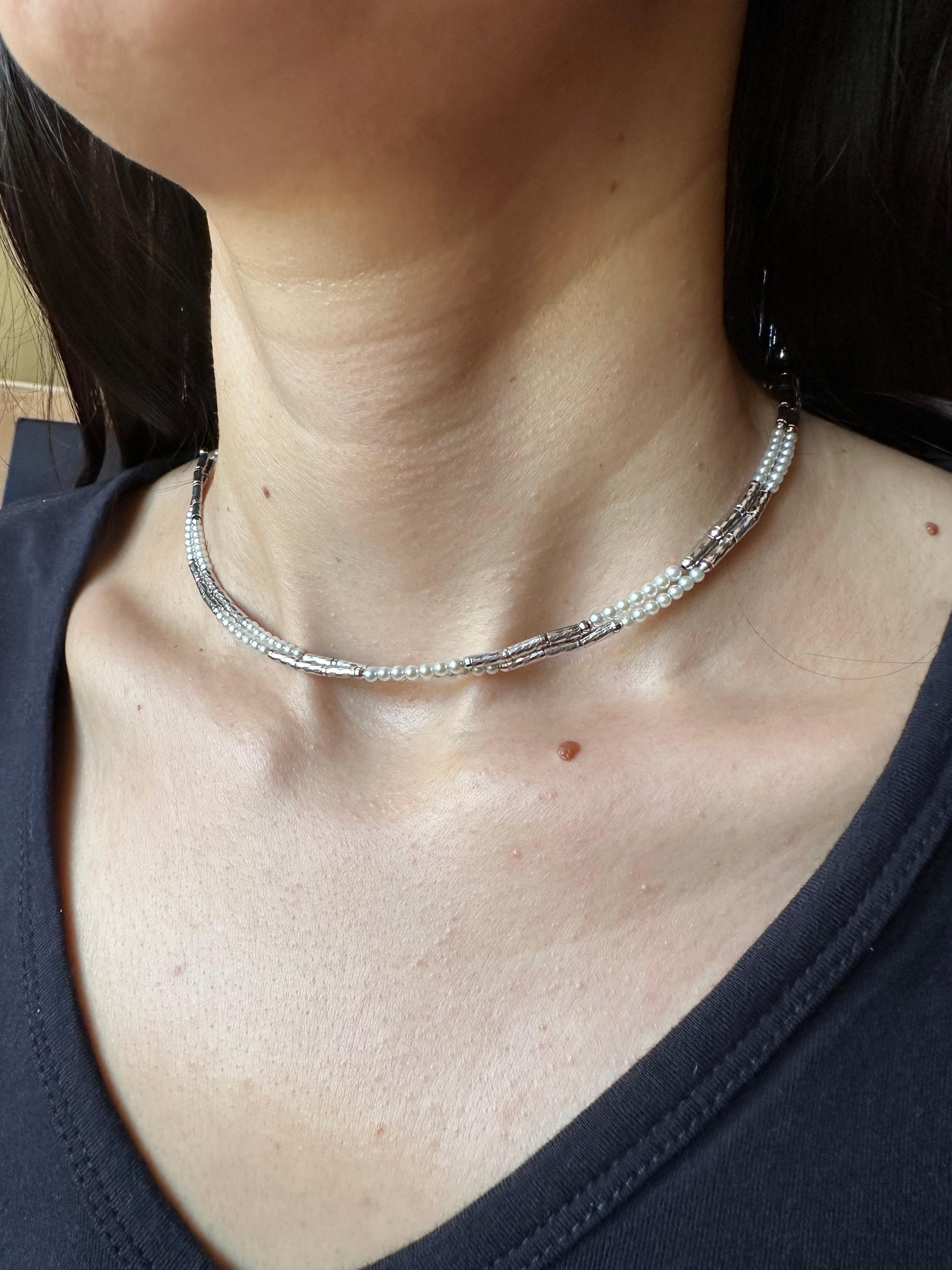 18K White Gold White Akoya Pearl Adjustable Magnetic Choker Necklace Bracelet