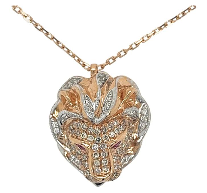 lion brown & white diamond ruby 18k rose gold pendant necklace