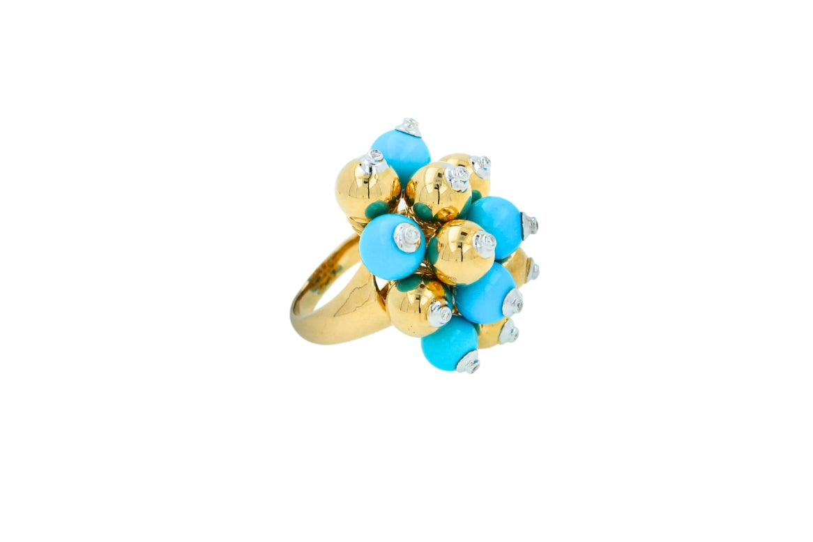 blue turquoise diamonds golden spheres balls christmas bells motif 18k gold ring