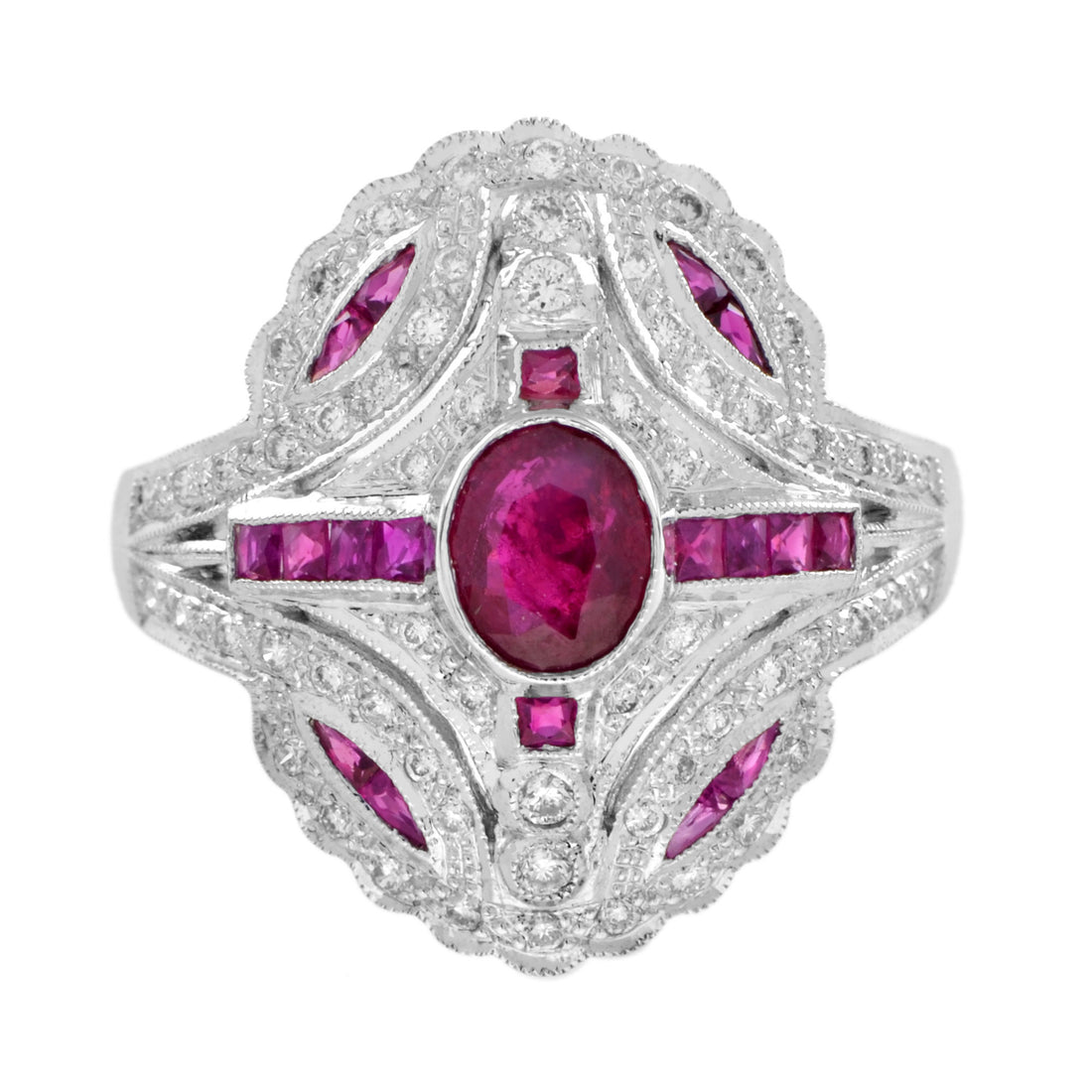 Art Deco Style Pink Red Ruby & Diamond 18K White Gold Shield Ring