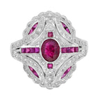 Art Deco Style Pink Red Ruby & Diamond 18K White Gold Shield Ring