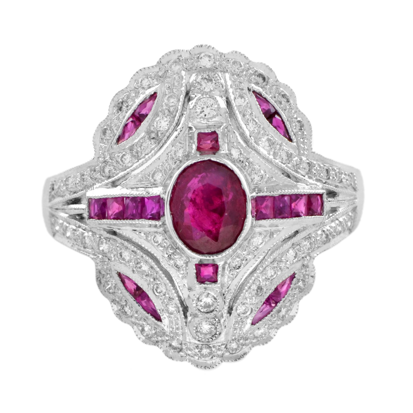 art deco style pink red ruby & diamond 18k white gold shield ring
