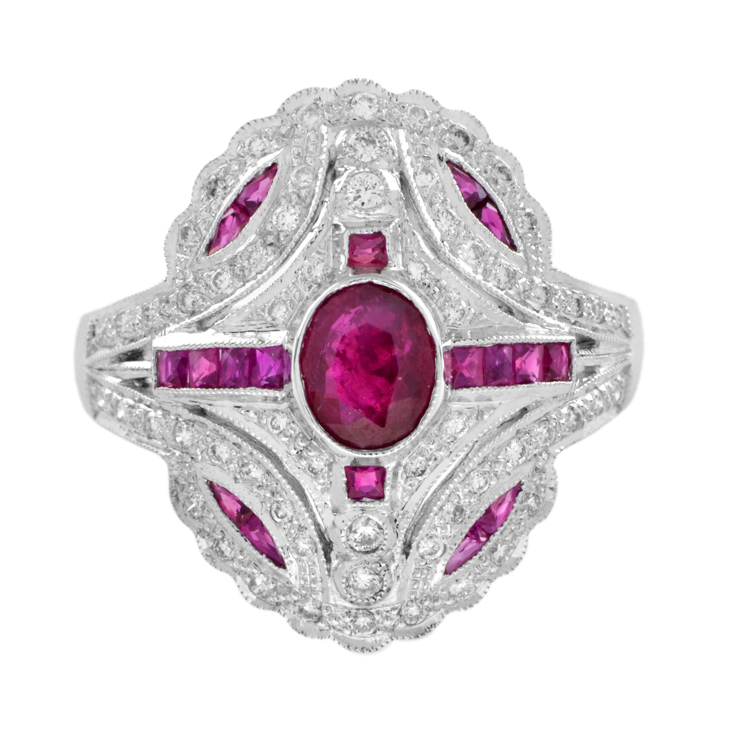 Art Deco Style Pink Red Ruby &amp; Diamond 18K White Gold Shield Ring