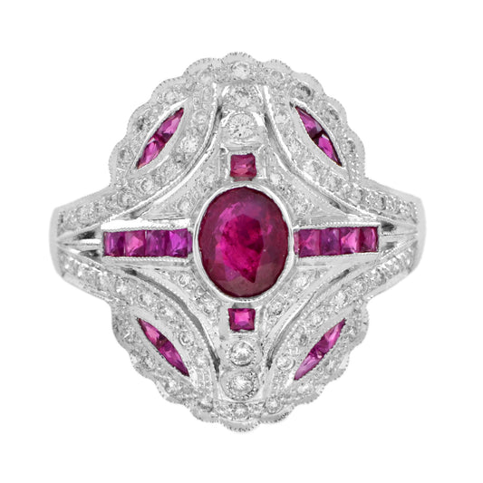Art Deco Style Pink Red Ruby & Diamond 18K White Gold Shield Ring