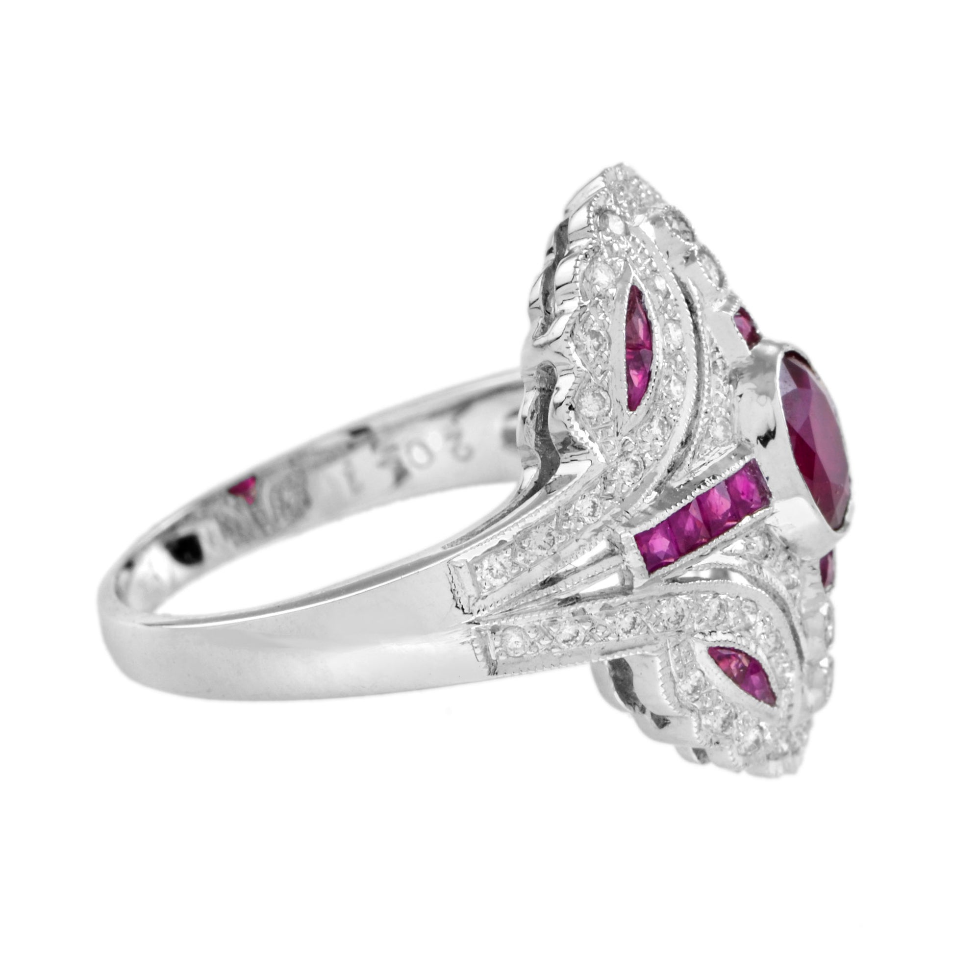 Art Deco Style Pink Red Ruby & Diamond 18K White Gold Shield Ring