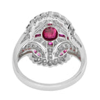 Art Deco Style Pink Red Ruby & Diamond 18K White Gold Shield Ring