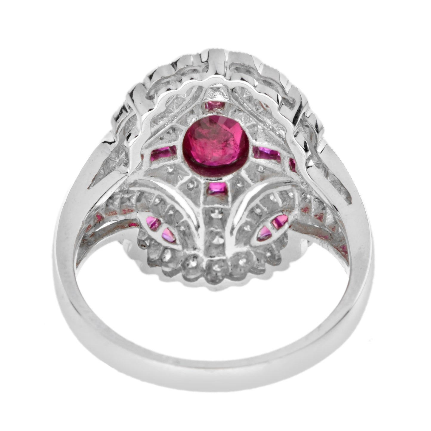 art deco style pink red ruby & diamond 18k white gold shield ring
