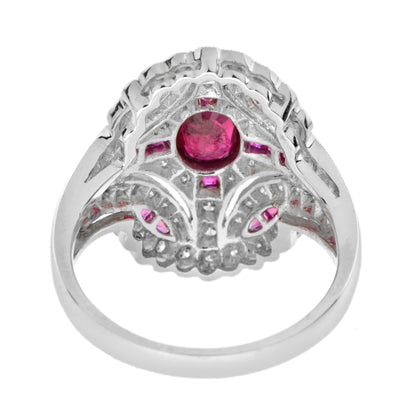 Art Deco Style Pink Red Ruby & Diamond 18K White Gold Shield Ring