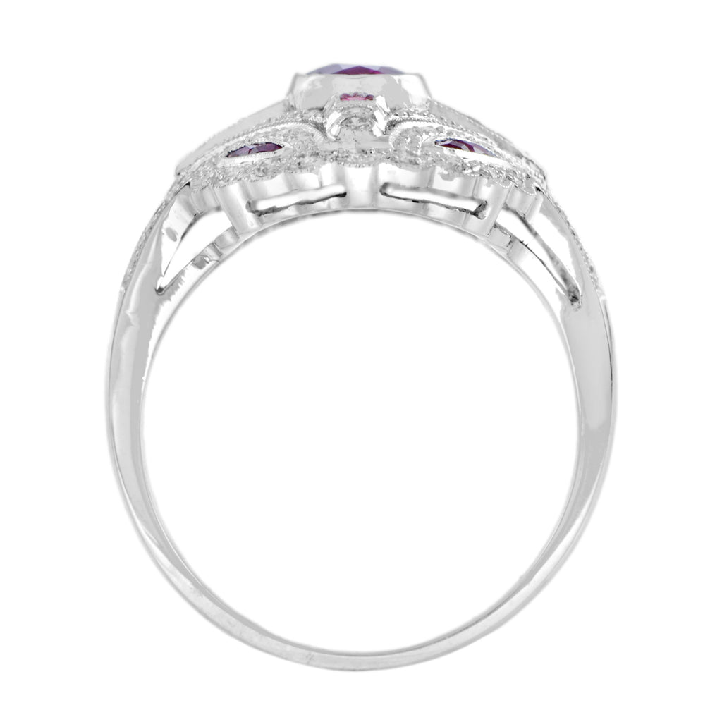 Art Deco Style Pink Red Ruby & Diamond 18K White Gold Shield Ring