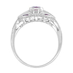 Art Deco Style Pink Red Ruby & Diamond 18K White Gold Shield Ring