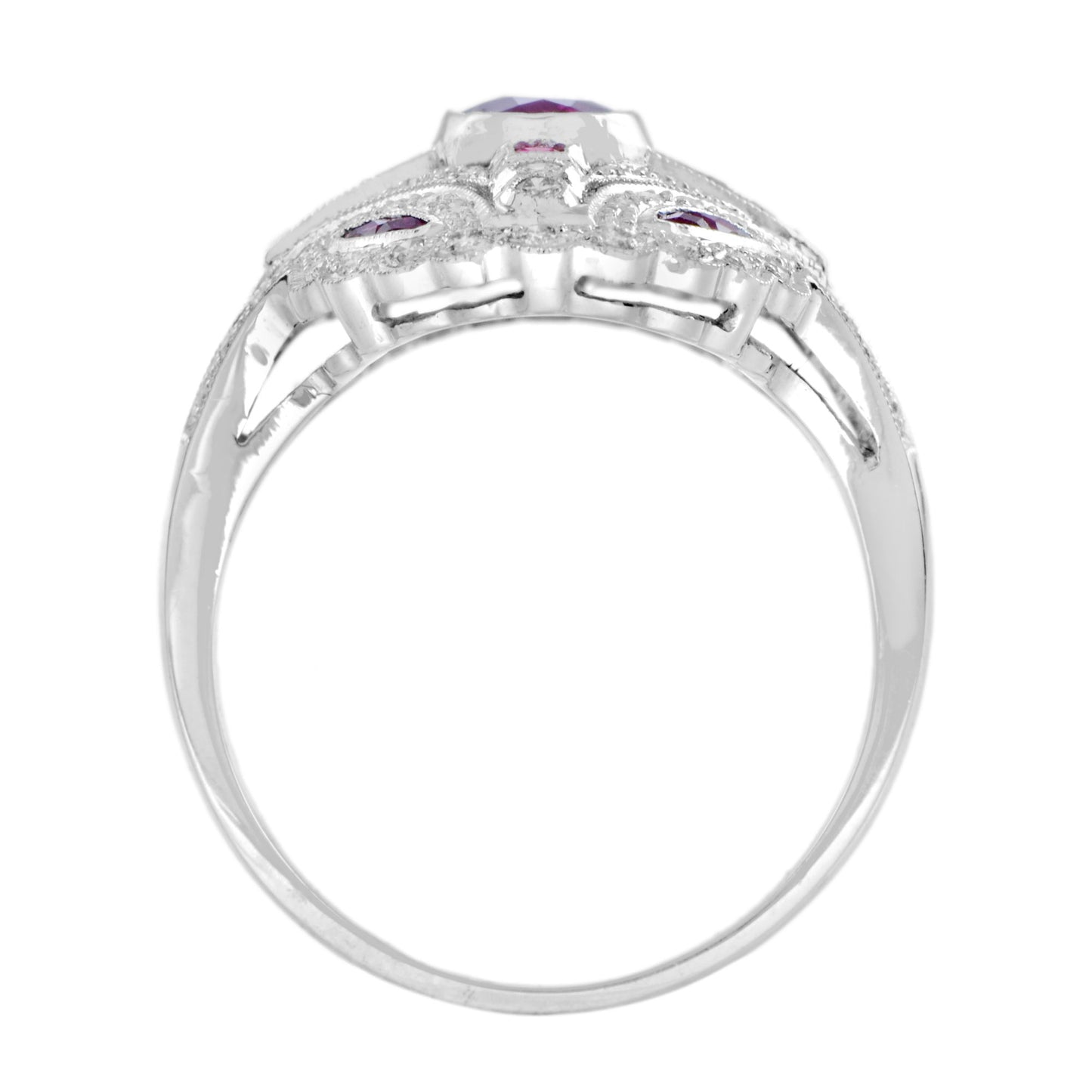 art deco style pink red ruby & diamond 18k white gold shield ring