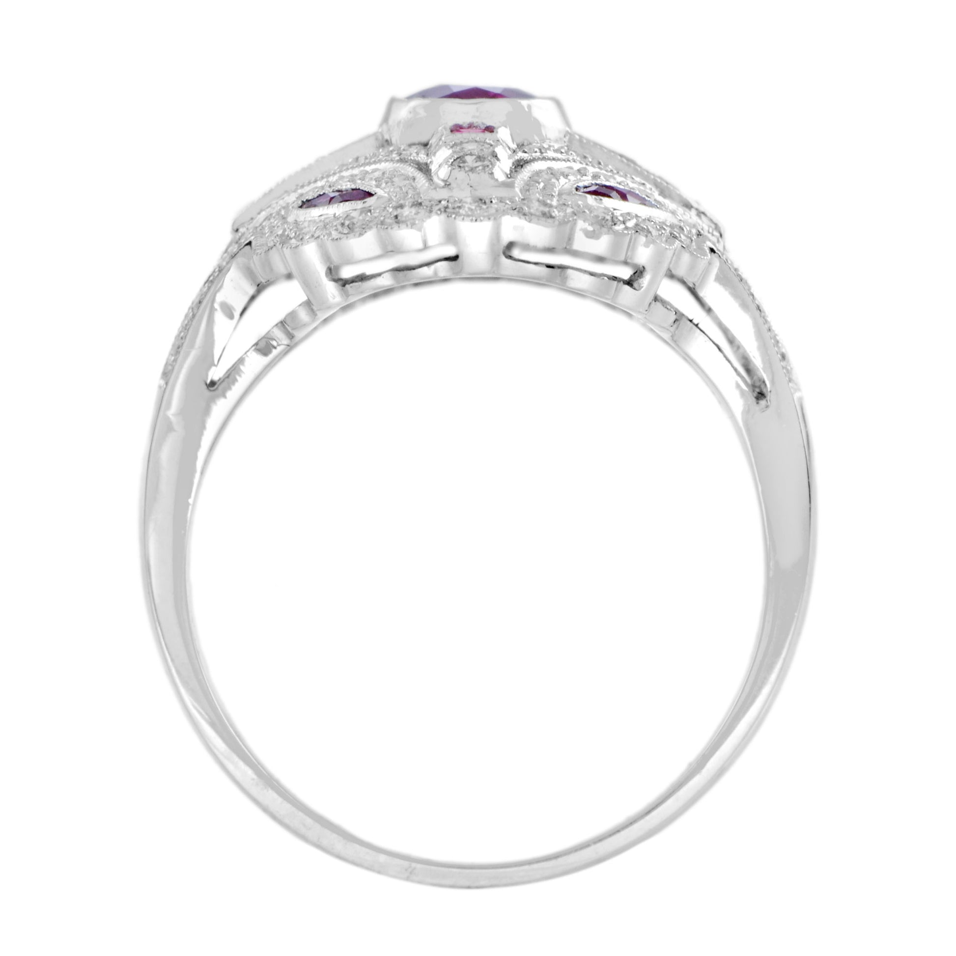 Art Deco Style Pink Red Ruby & Diamond 18K White Gold Shield Ring