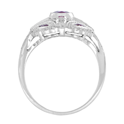 Art Deco Style Pink Red Ruby & Diamond 18K White Gold Shield Ring
