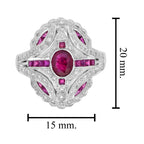 Art Deco Style Pink Red Ruby & Diamond 18K White Gold Shield Ring