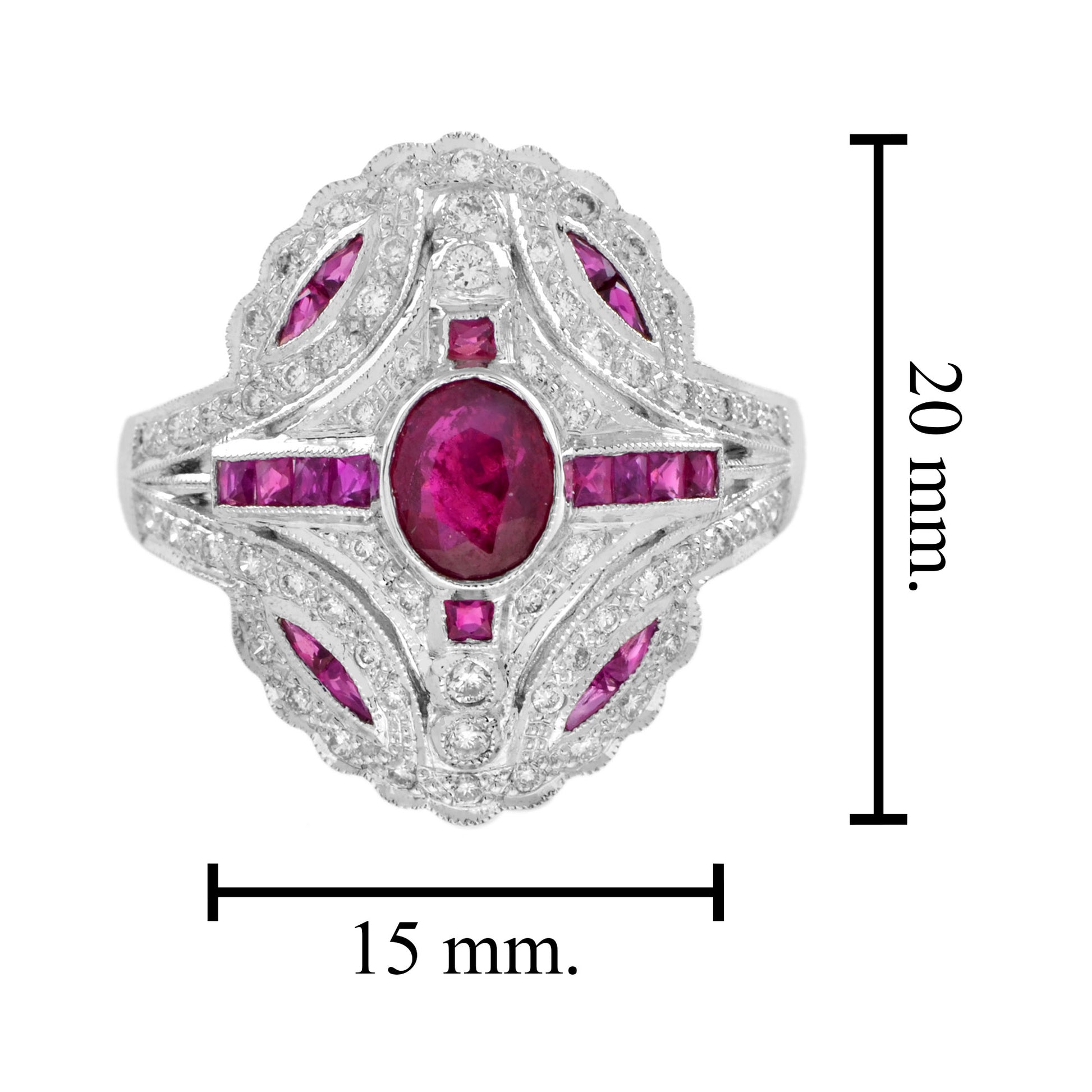 Art Deco Style Pink Red Ruby & Diamond 18K White Gold Shield Ring